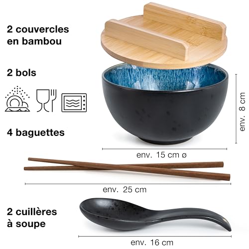 Moritz & Moritz - Ensembles de bols Ramen en céramique bleus réactifs pour 2 personnes - Soupe, Pho et Sushi