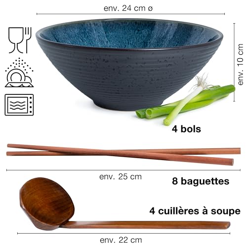 Moritz & Moritz 4 bols à ramen en céramique pour 2 personnes - Lot 24 cm Ø - Soupe, pho et sushis - Avec cuillères et ba