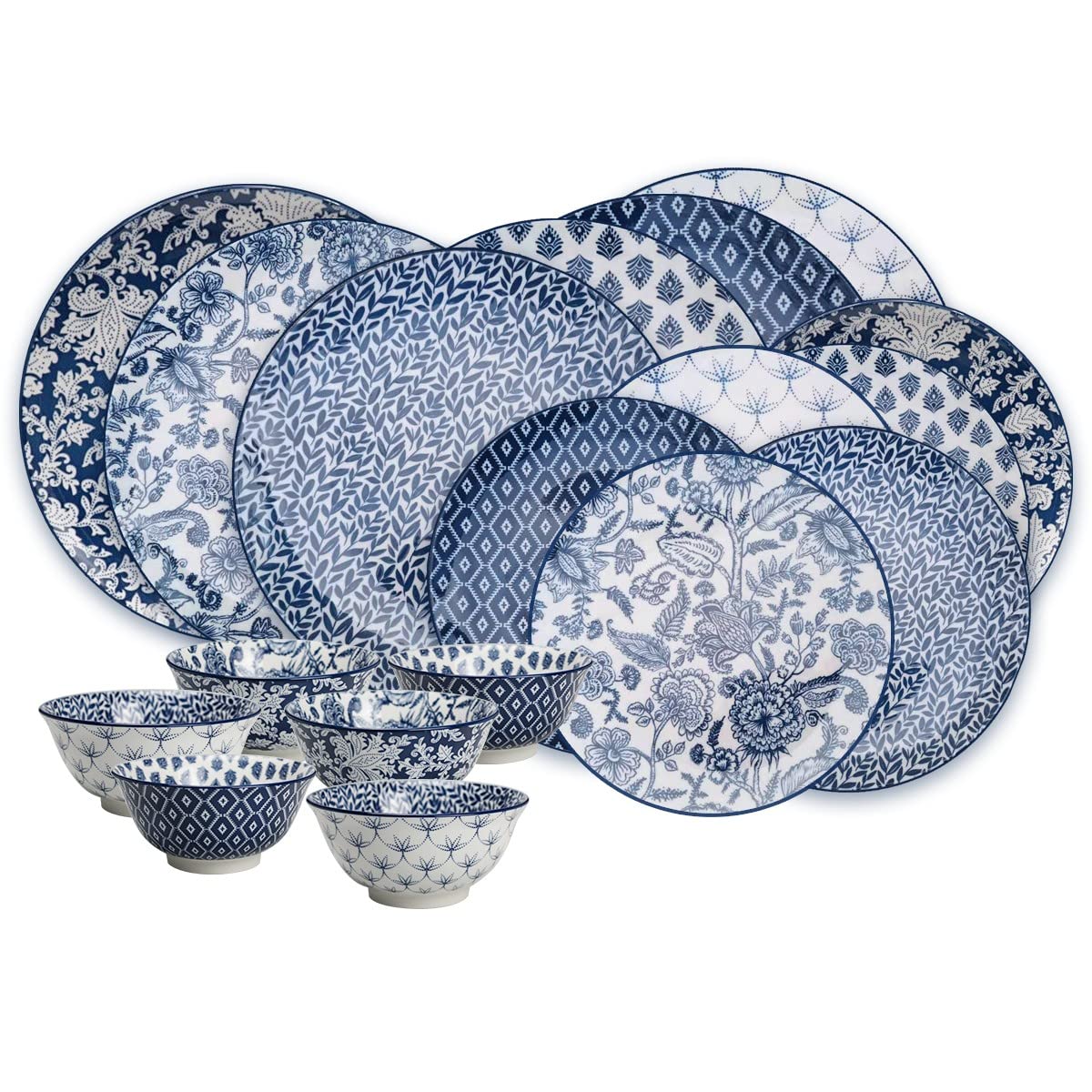 Ard'time Complete Dinner Set for 6 People - 18 Piece Porcelain Plates and Bowls, Colorful Design, MAJORELLE Collection