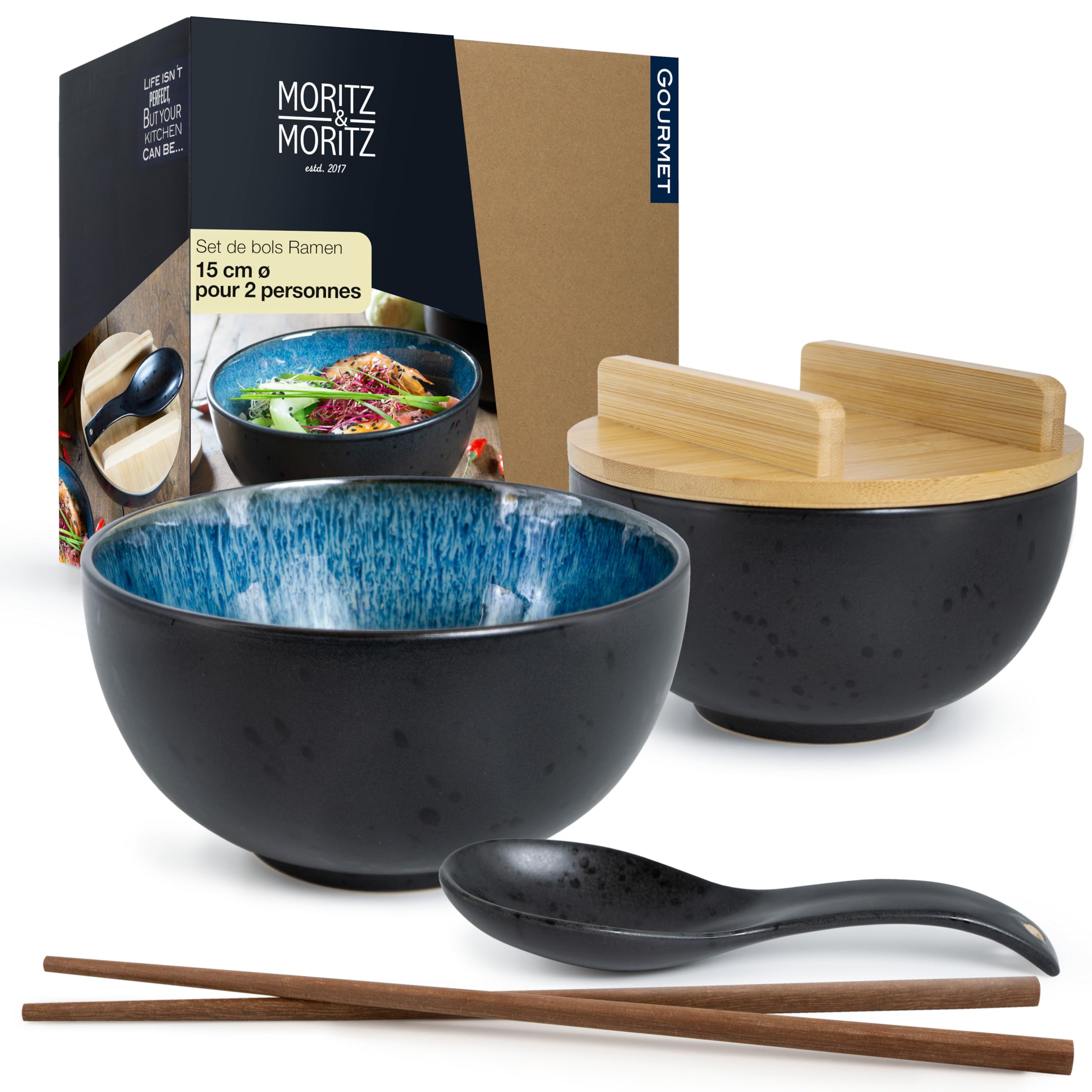 Moritz & Moritz - Ensembles de bols Ramen en céramique bleus réactifs pour 2 personnes - Soupe, Pho et Sushi