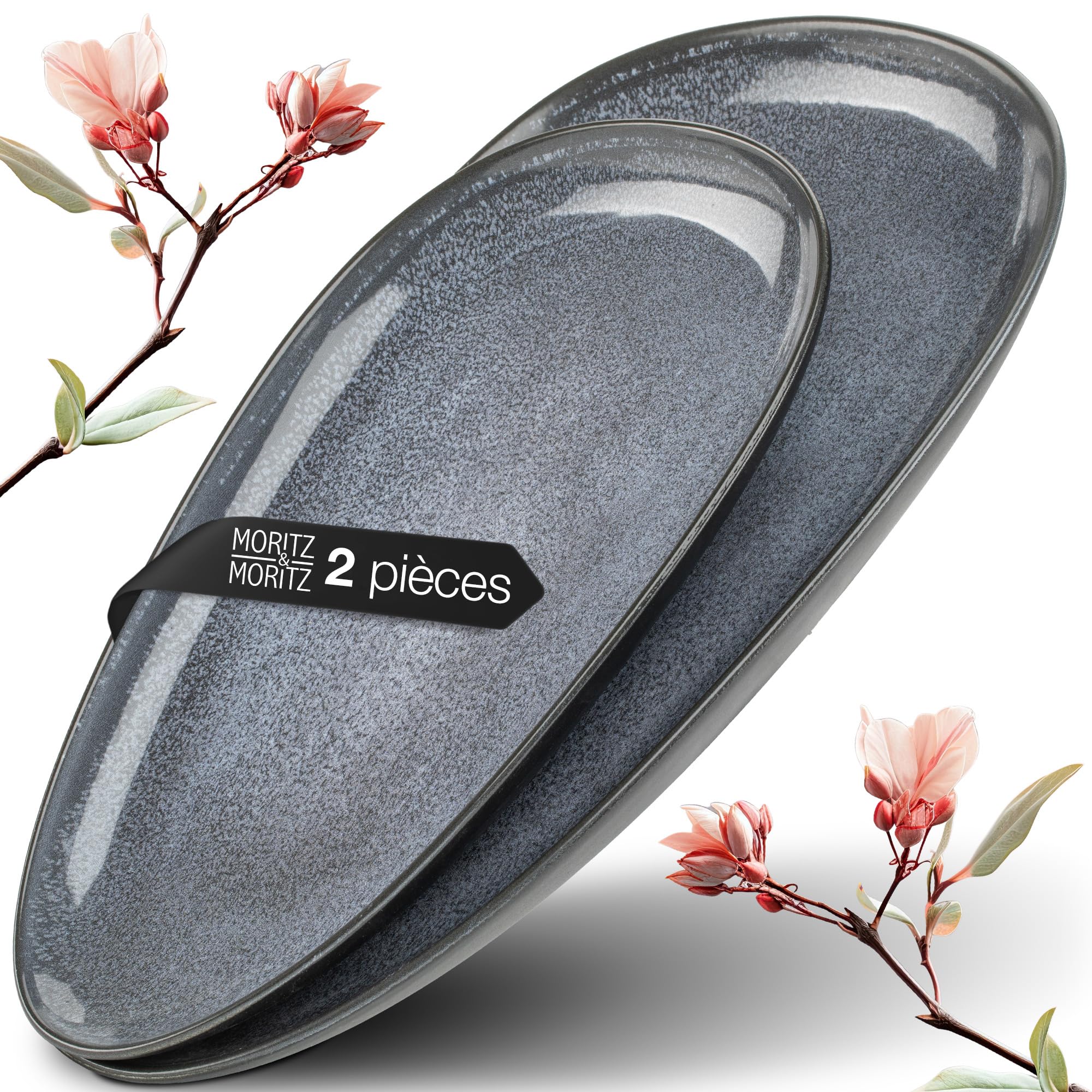 Moritz & Moritz VIDA Lot de 2 grandes assiettes de service en porcelaine bleues modernes et intemporelles - résistantes 