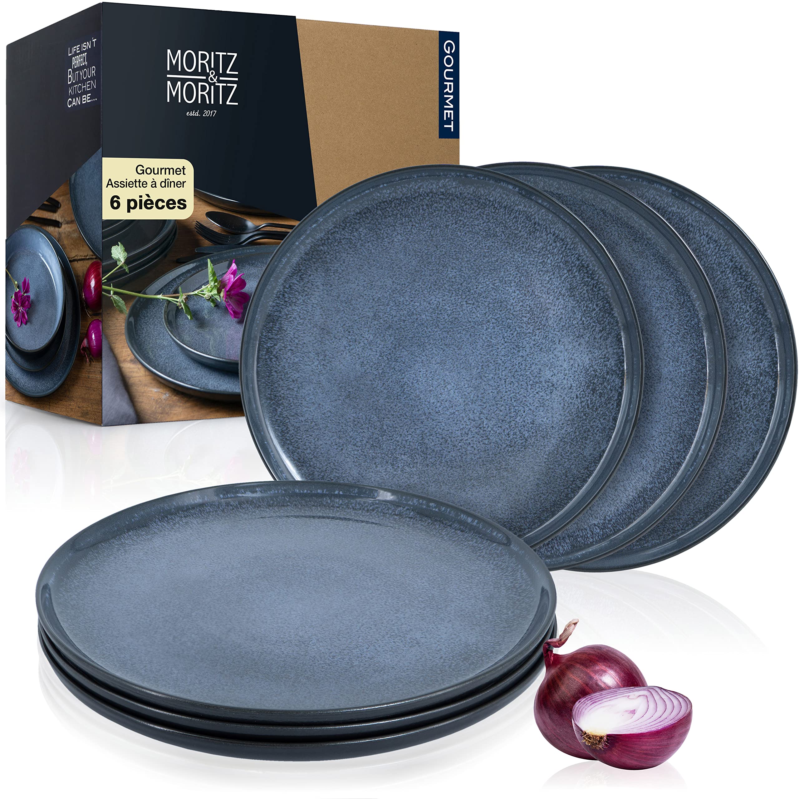 Moritz & Moritz VIDA Assiettes en Porcelaine Bleu Passe au Lave-vaisselle et Micro-onde Set de 6 pour Familles