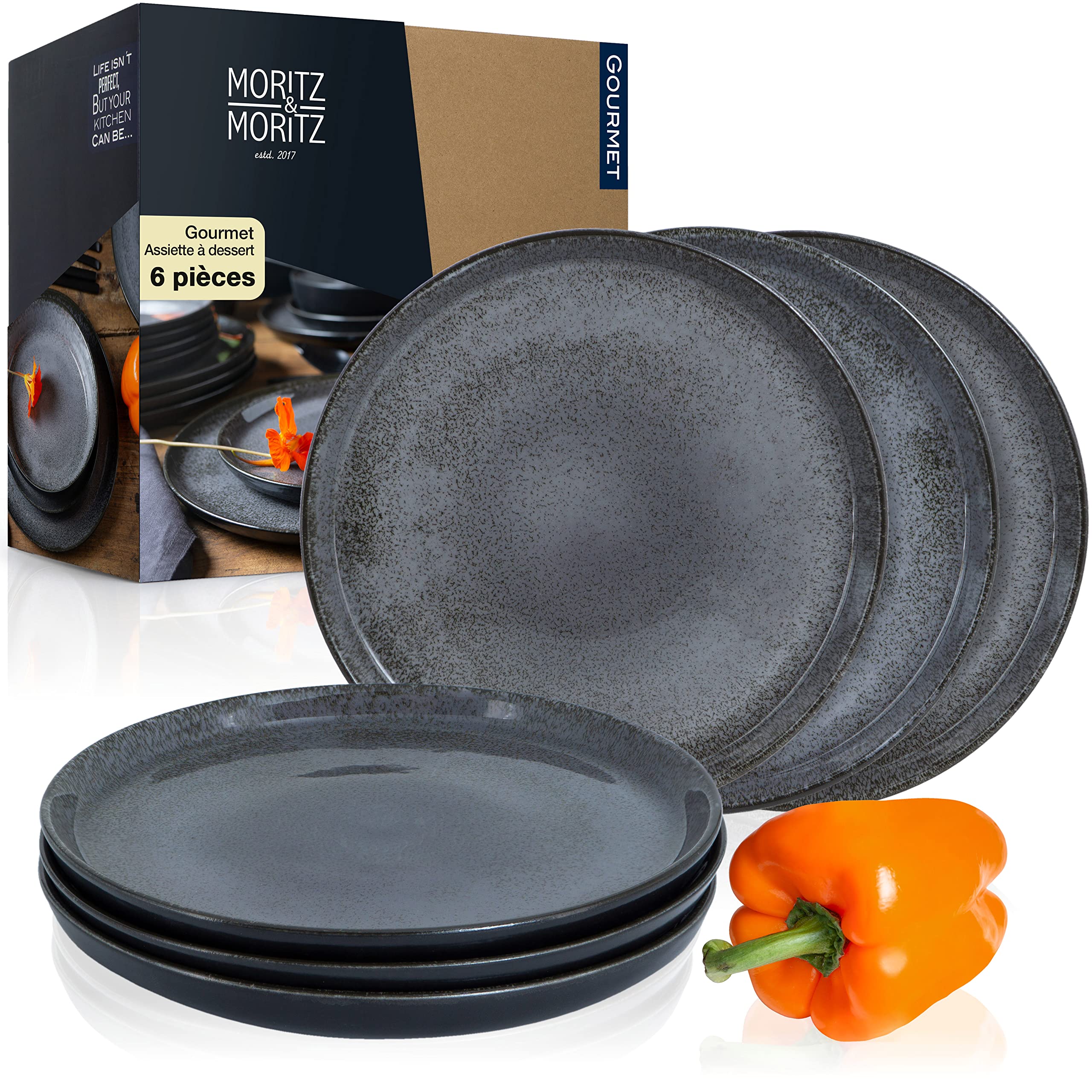 Moritz & Moritz Ensemble de 6 assiettes à dessert anthracite - Idéal pour 6 personnes - Porcelaine resistant aux micro-o